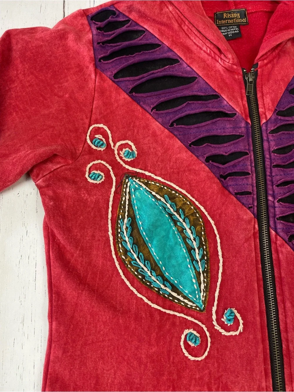 Rising International‎ Patchwork Embroidered Long Zip Up Hoodie *Made in Nepal